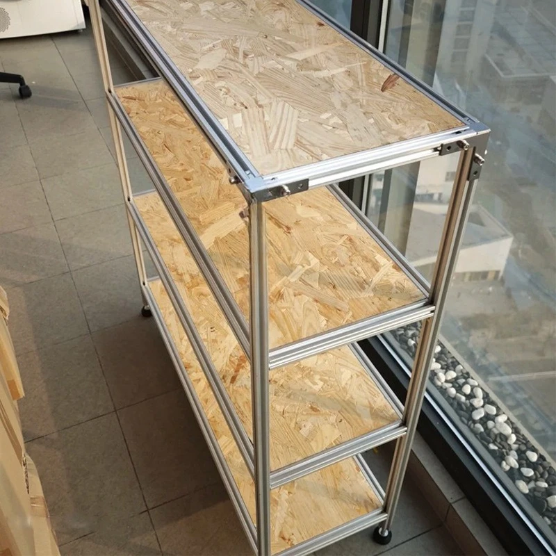 Prateleira europeia em placa de pinho com perfil de alumínio, estante móvel, prateleira