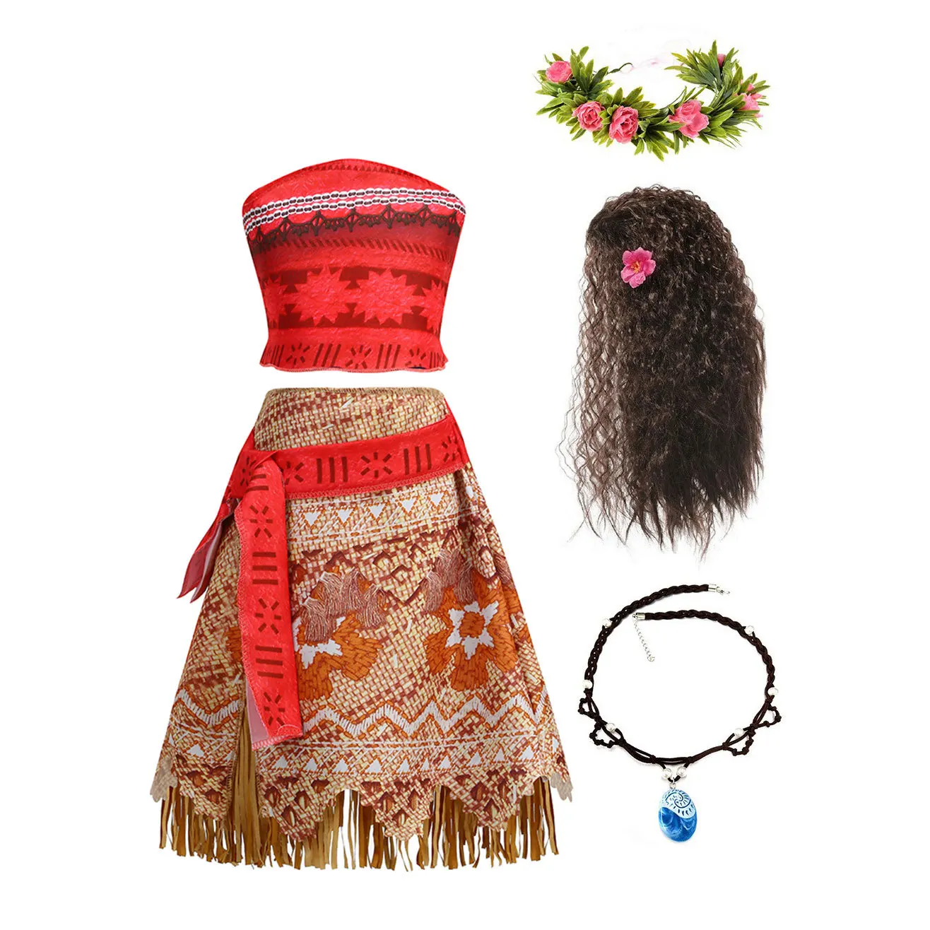 

Moana Girls Kids Cosplay Costume Vaiana Princess Dress Necklace Wig Suits Children Halloween Carnival Role Play Clothes Set