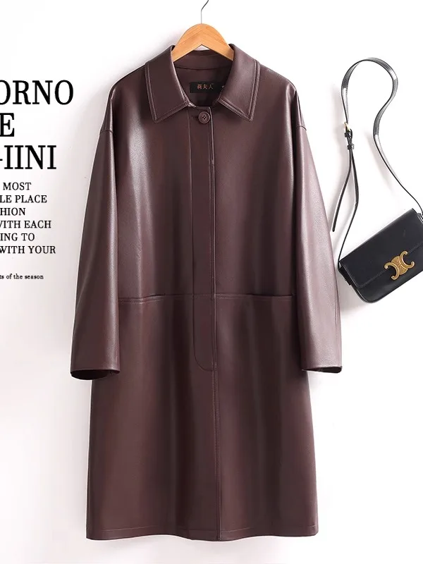   Ning – manteau en cuir véritable pour femme, mi-long, grande taille, ample, haut de gamme, sensation eepskin, nouvelle collection printemps automne 2025