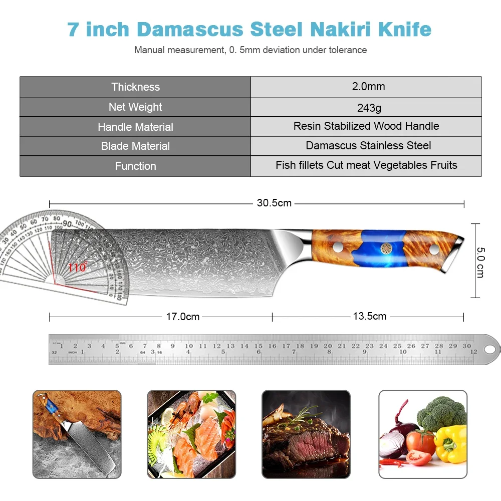 7 Inch Nakiri Knife,Japanese Damascus Steel Chef Knife, Multipurpose Meat and Vegetable Kitchen Knife Stabilized Wooden Handle