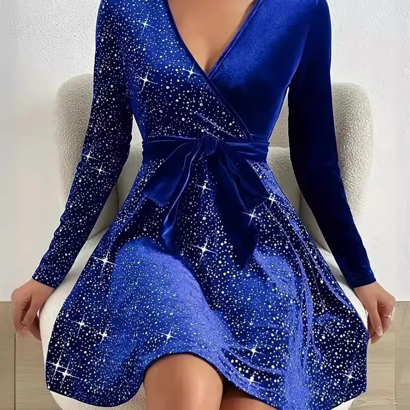 Women's Long Dress Solid Color V Neck Long Sleeve Dresses Elegant Midi Velvet Dress Emerald Green Wrap Self Tie Belt A Line