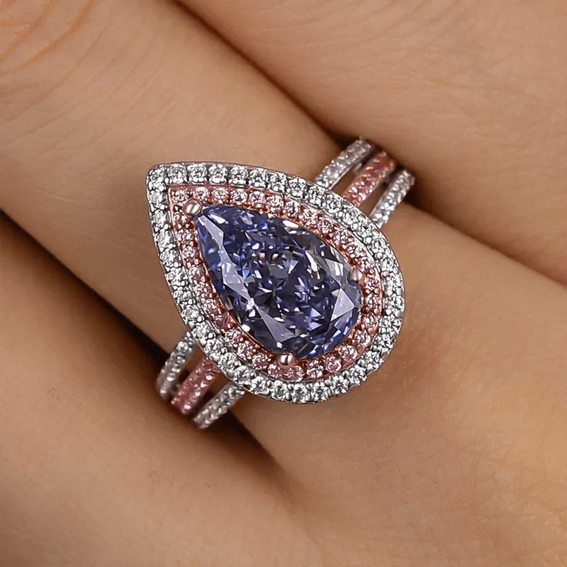 Elegant Pear Shaped Blue Color Synthetic Zircon Ring Double Halo Design Perfect Women Wear Jewelry Rings At Engagement Parties