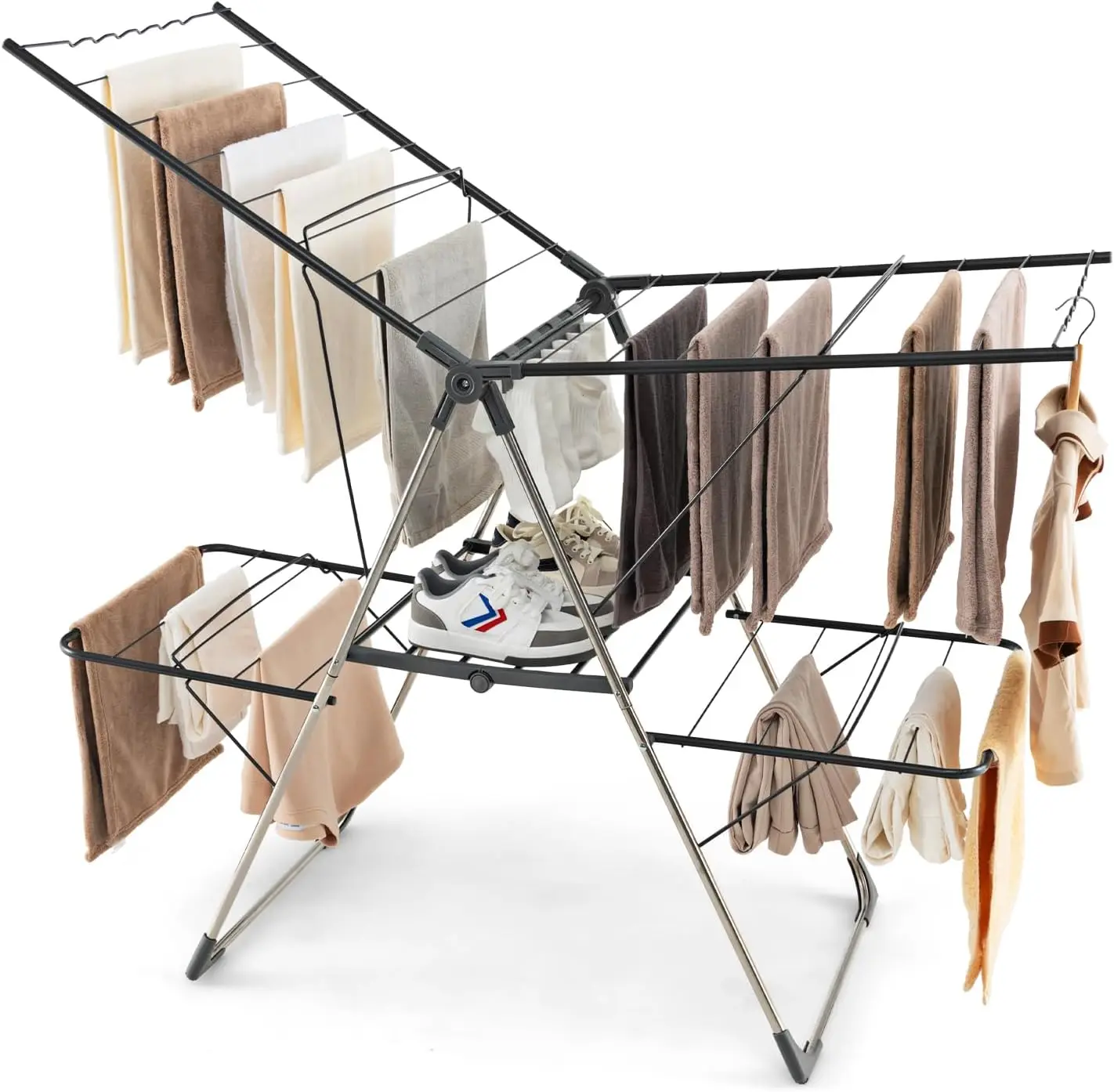 

Laundry Drying Rack, Foldable Clothes Drying Rack with Height Adjustable Wings, 33 Drying Rails & Sock Clips, Freestanding Gullw