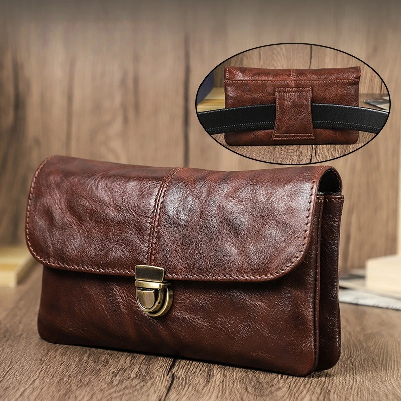 Genuine Leather Phone Waist Bag for 5.4-6.9 inch Cellphone Men Flip Phone Holster Case Belt Clip Pouch for iPhone 17 Samsung S25