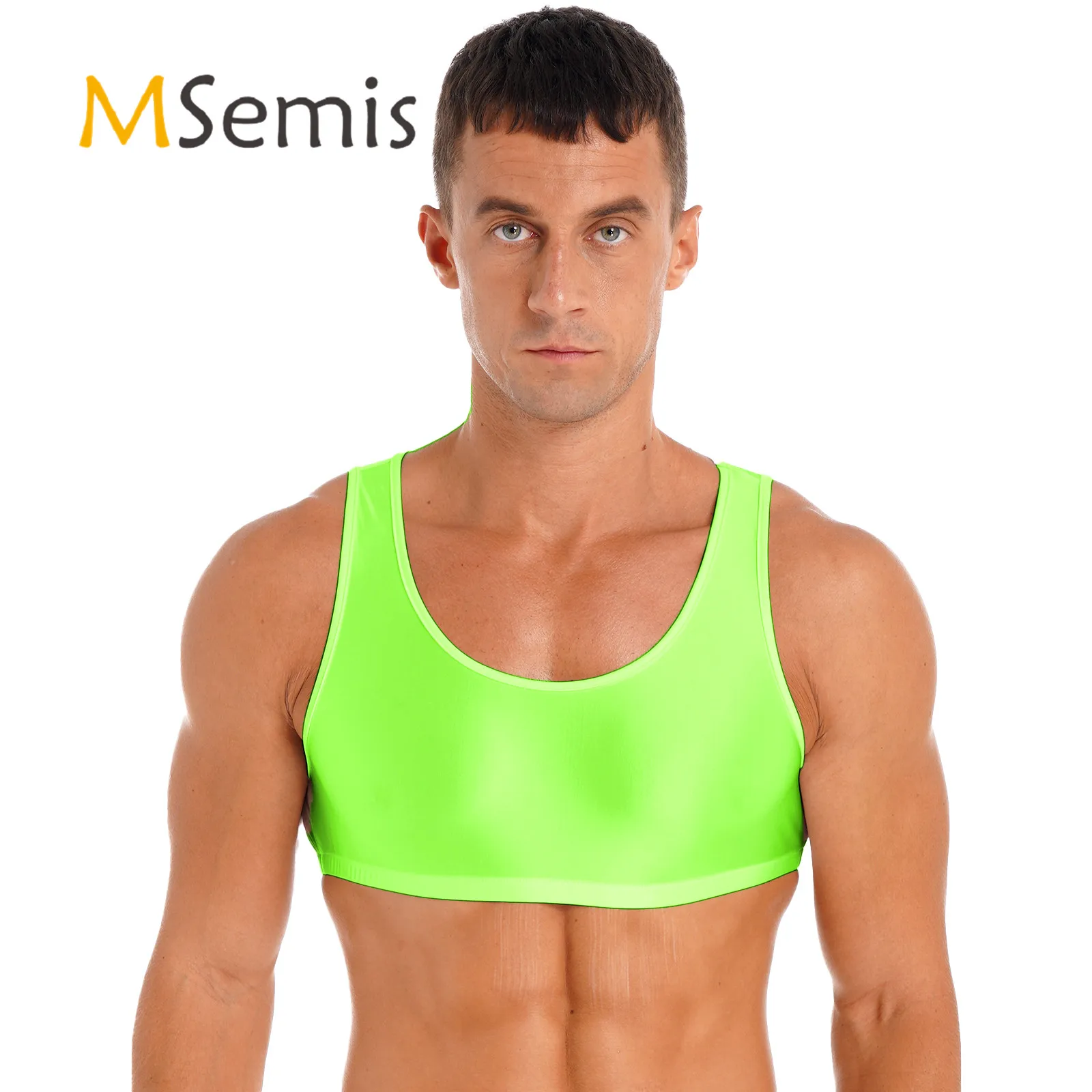 Swimwear Mens Swimsuit Tops Glossy Cropped Tank Top Solid Color Round Neck Sleeveless Sports Bodybuilding Vest Tops Nightwear