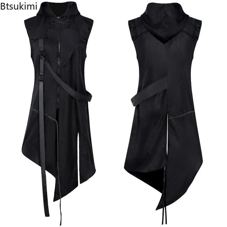 

New Men's Punk Style Irregular Trench Coats Vintage Gothic Long Hooded Sleeveless Jackets Halloween Dress Up Cosplay Costume Man