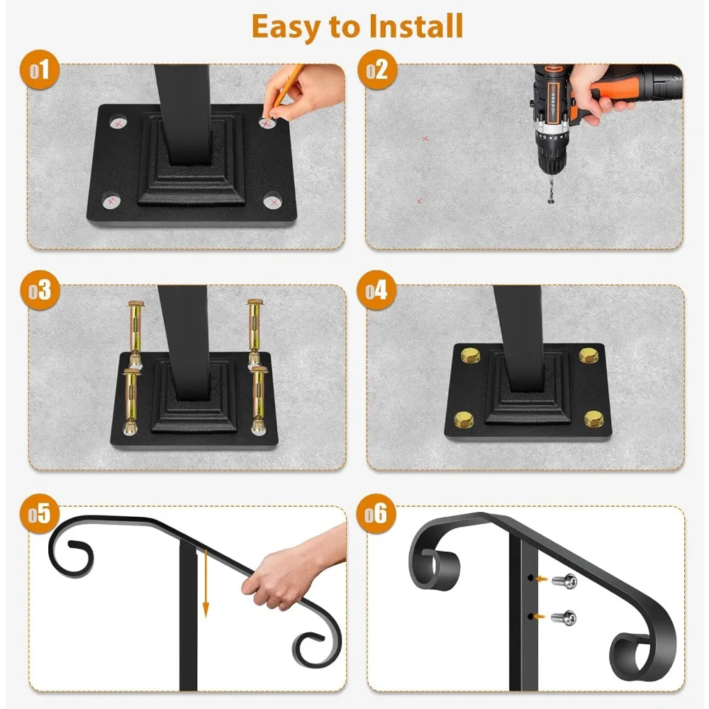 درابزين فردي متين للاستخدام الخارجي للسلالم، تصميم من الحديد المطاوع، مناسب لخطوات 1-2، قضيب إمساك داعم قوي #6