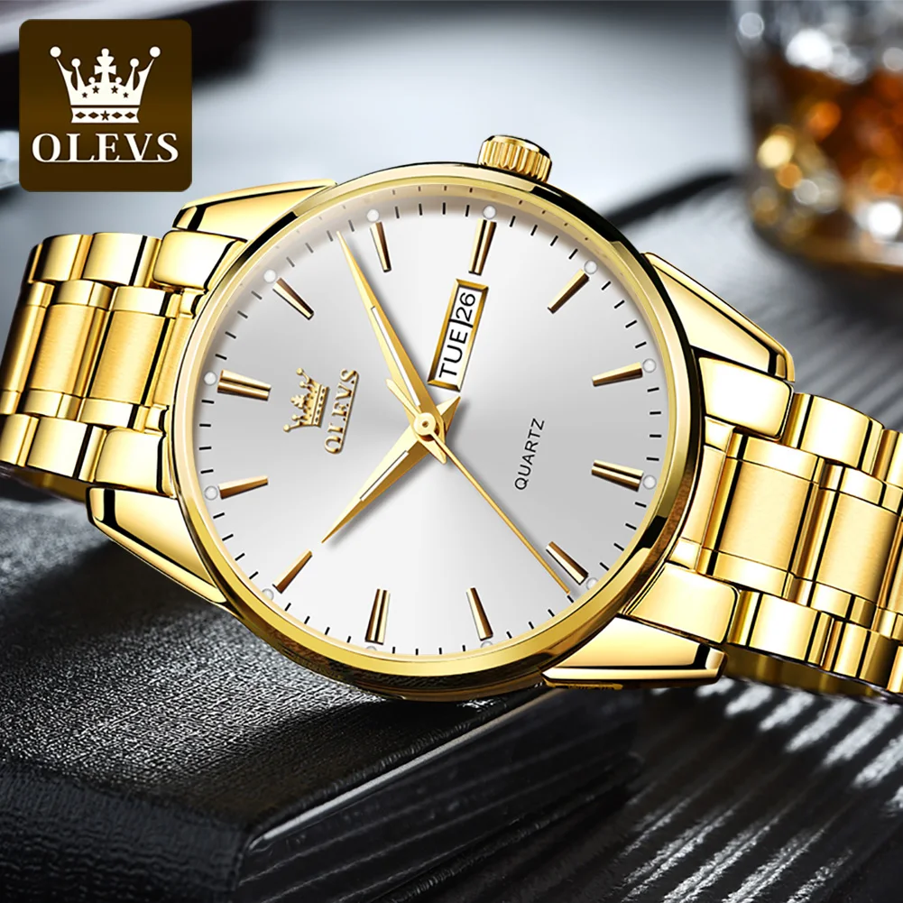 OLEVS Classic 6898 Men\'s Watches Gold Stainless steel Luminous Waterproof Dual Calendar Hand Clock Man Watch