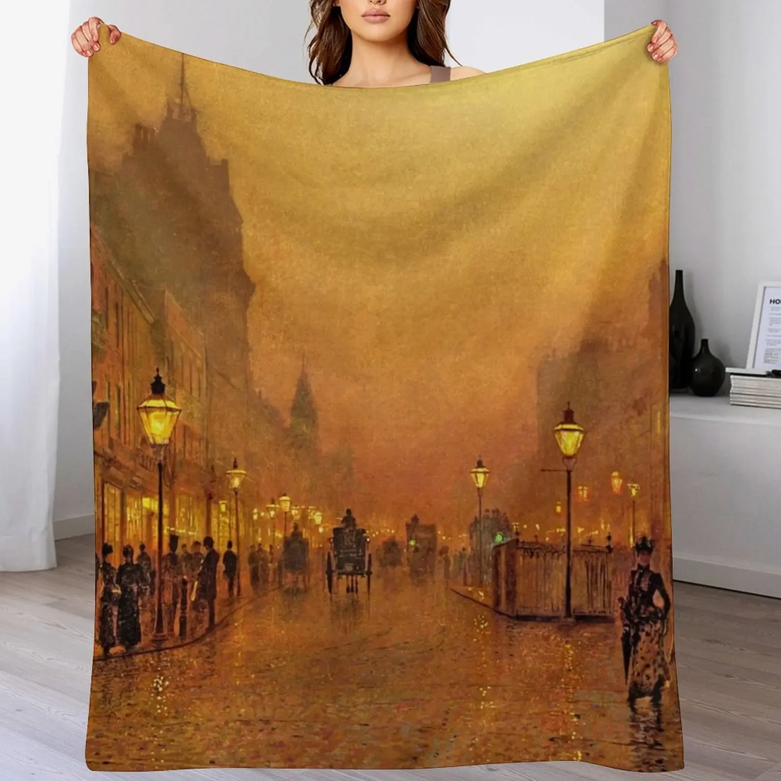 

John Atkinson Grimshaw - A Street at Night Throw Blanket wednesday Luxury Beach Warm Blankets