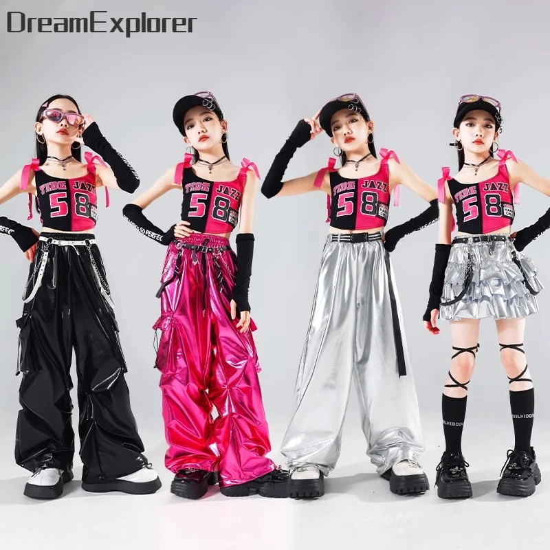 

Girls Hip Hop Crop Top Shiny PU Leather Cargo Pants Kids Silver Skirts Street Dance Streetwear Child Cool Jazz Stage Clothes Set