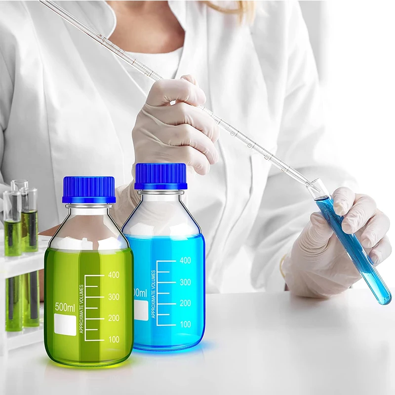 WESTTUNE 1Pcs 25-1000ml Brown/Clear Graduated Round Refillable Bottles Glass Media Storage Bottles with Blue GL45 Screw Caps