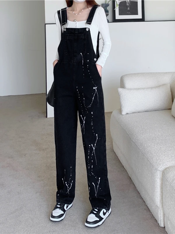 

Spring Autumn Loose Wide Leg Denim Overalls Women's Fashion Splashed Ink Jeans High Waist Long Pants Straight Cut Bodysuit