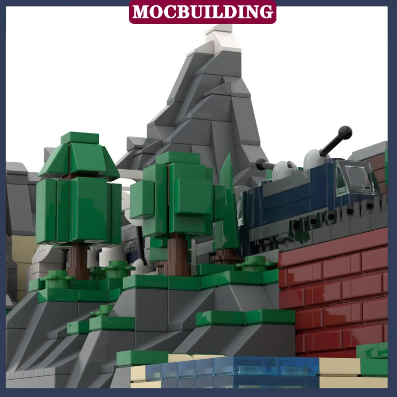 MOC Stadt Street View Berg Zug Diorama Bausteine DIY Landschaft Schiene Lokomotive Sammlung Spielzeug Geschenke