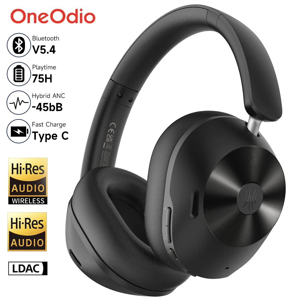 Oneodio A5 Bluetooth 5.4 Headphones 43dB Hybrid Active Noise Cancelling Over Ear Wireless Headset Hi-Res LDAC Audio With ENC Mic