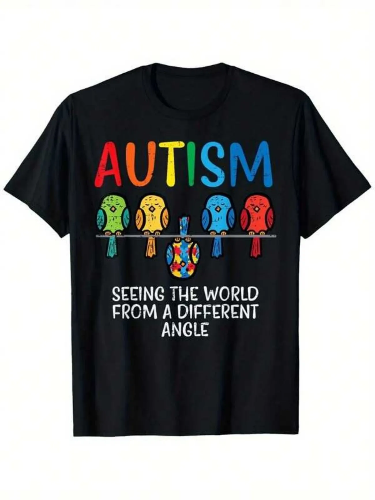 T-shirt de sensibilisation à l'autisme - Motif hibou coloré avec texte « Voir le monde sous un angle différent », t-shirt à col rond 100 % confortable pour hommes et femmes, vêtements décontractés d'été, tailles S-XXXL, vêtements confortables, t-shirt sportif 100 % coton, t-shirt sur le thème de l'autisme