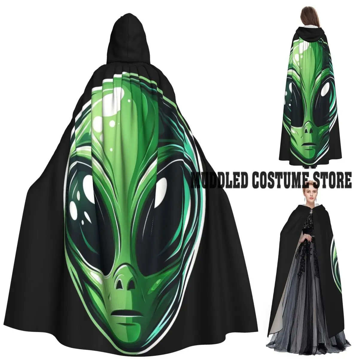 

Emerald Green Alien Head Long Hooded Cloak Witch Medieval Costume Cosplay Cape HalloweenCoat Adult Unisex