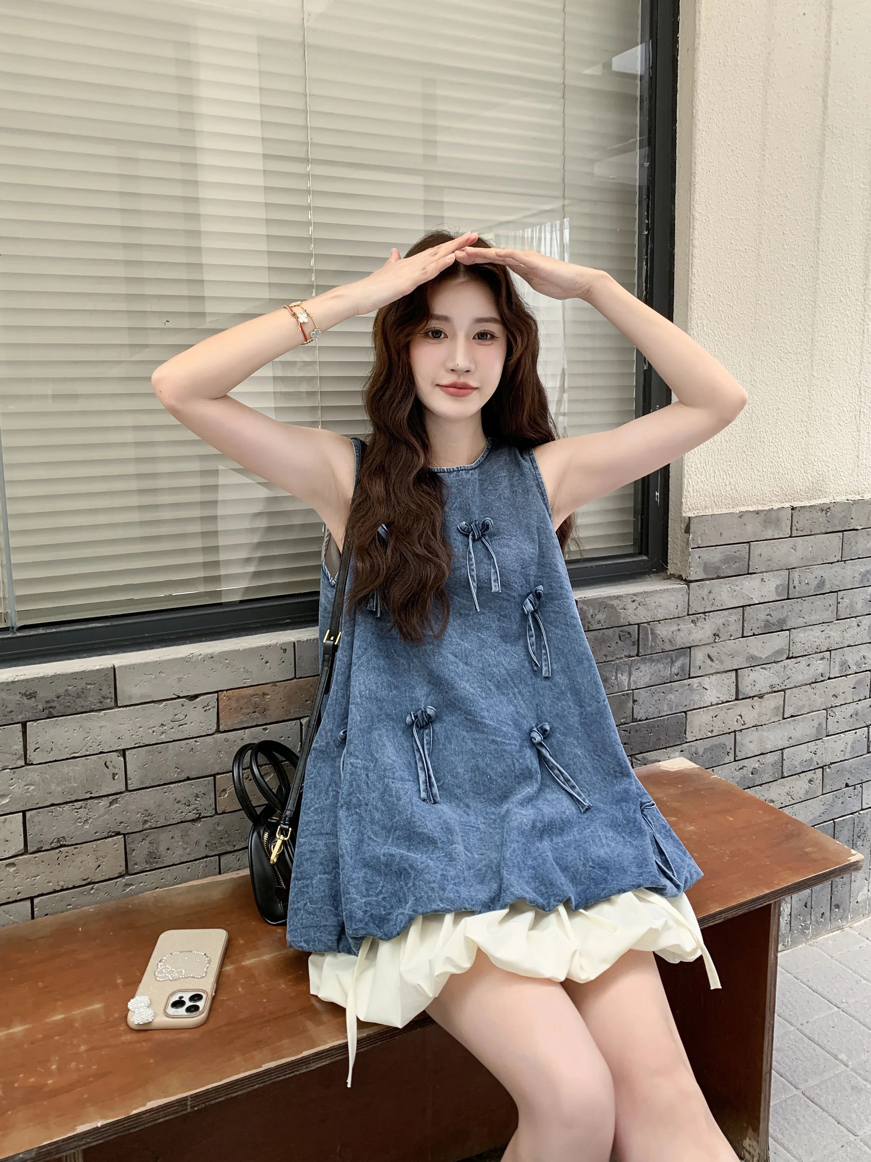 

Summer Fashion Set Women's Knot Denim Vest And Flower Bud Skirt Breathable Lightweight Casual Outfit Teen Girls