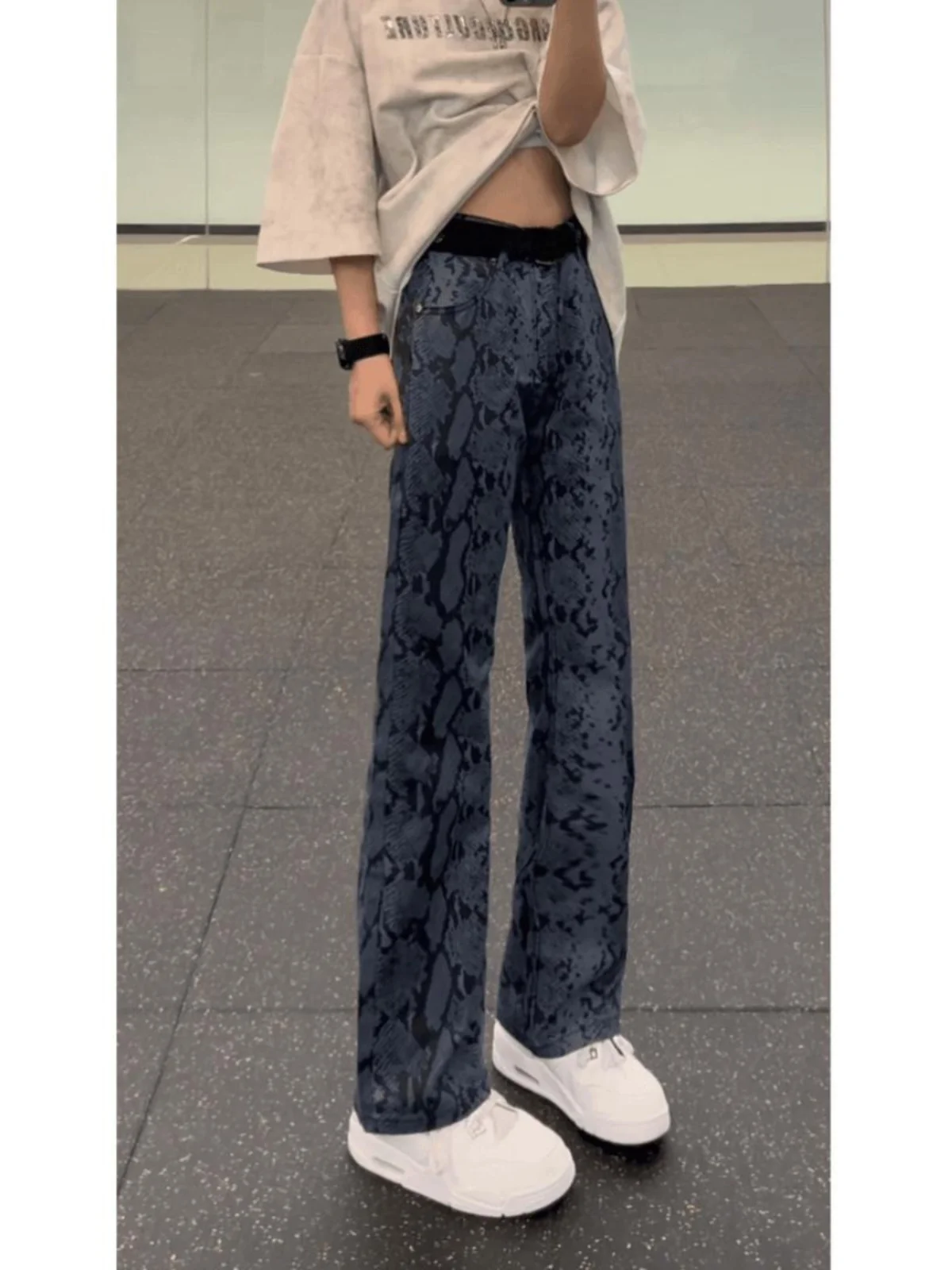 

American Retro Snake Skin Pattern Jeans Men's Waed Straight Leg Micro Flared Pants Trendy High End Feeling Cotton Polyester...