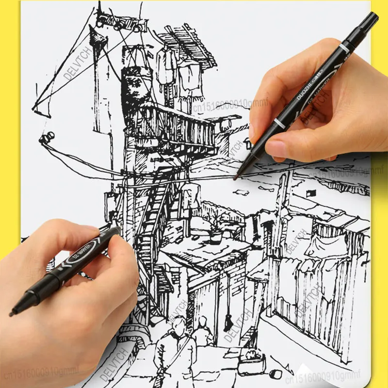 4/8Pcs Waterproof Oil Ink Permanent Art Marker Fineliner Pen 0.5mm 1.0mm Dual Tip For Comics Painting Drawing Writing Stationery