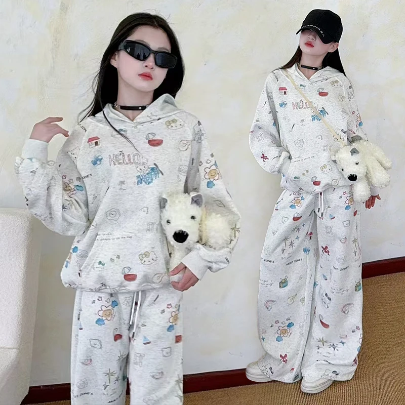 autumn teen girls sports clothes set Printed cartoon cat hoodie+Wide leg pants 2pcs junior kid tracksuit suit child outfits 4-14