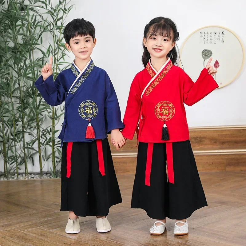 

Kids Chinese Tradition Style Hanfu Boys Girls Ancient Costumes Folk Dance Stage Performance Tang Suit Children New Year Costumes