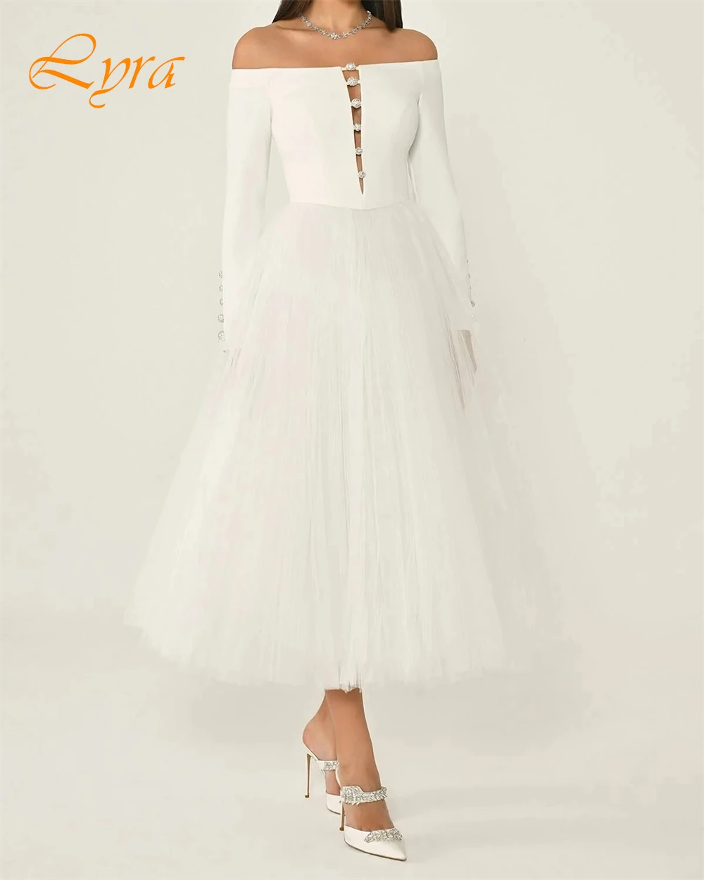 فستان سهرة مخصص رشيق من الأورجانزا على شكل حرف a برقبة قارب وأكمام طويلة فساتين لحضور الحفلات الموسيقية الفاخرة للمناسبات الخاصة