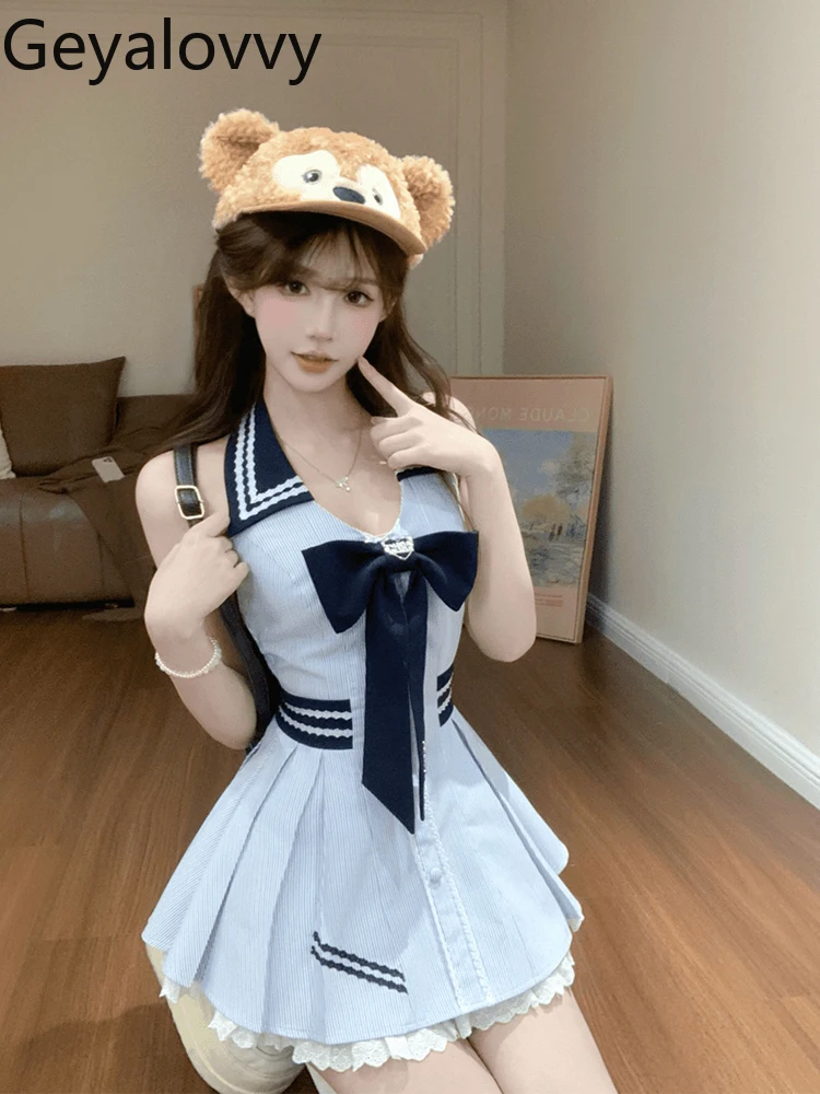 Novedad de verano, vestido sin mangas de encaje de Color contrastante de estilo universitario francés, vestidos de cintura alta con lazo de temperamento dulce para mujer