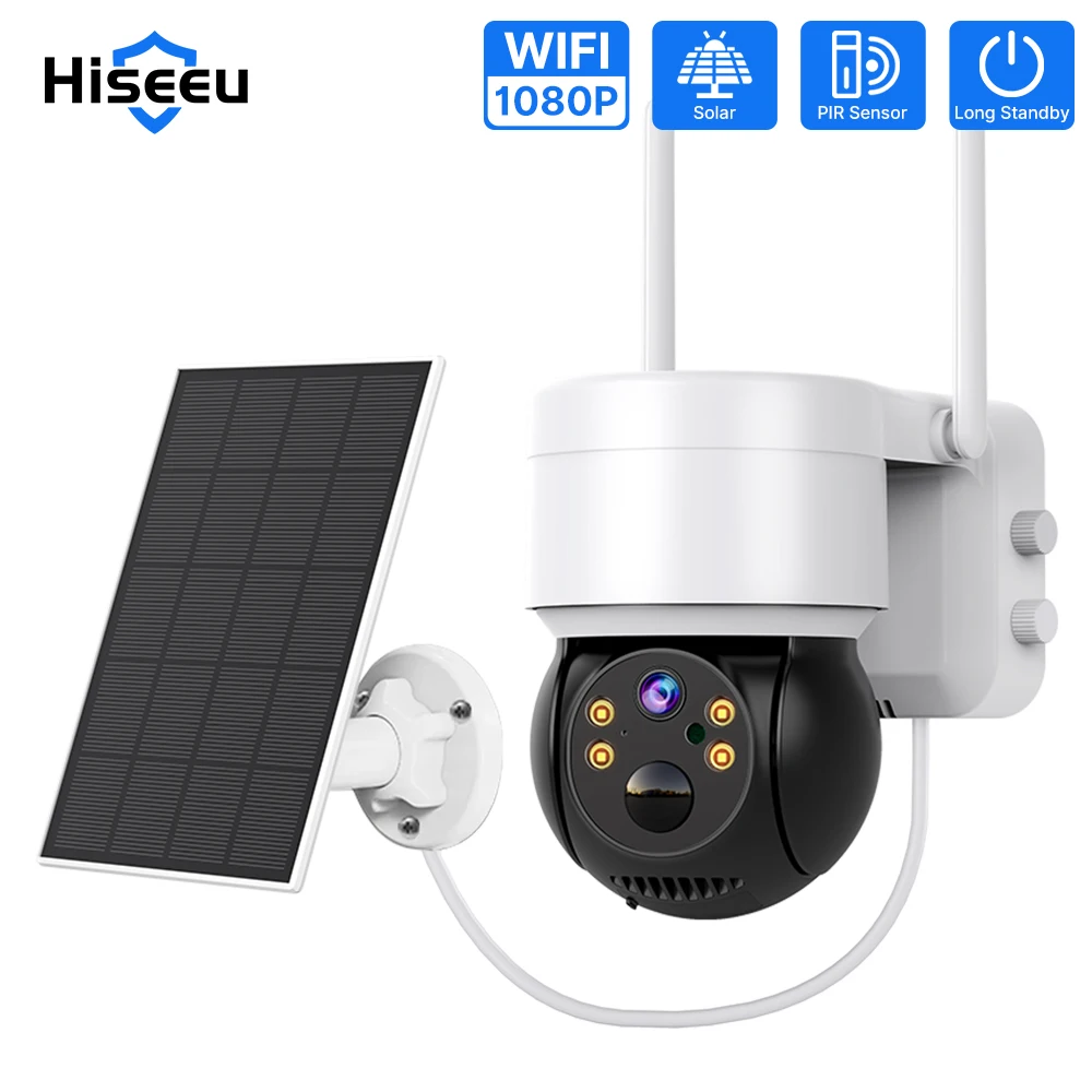 Hiseeu Wifi Camera With Solar Panels Outdoor 5X Zoom 1080P PTZ IP Camera PIR Motion Detection Audio Video Surveillance Camera