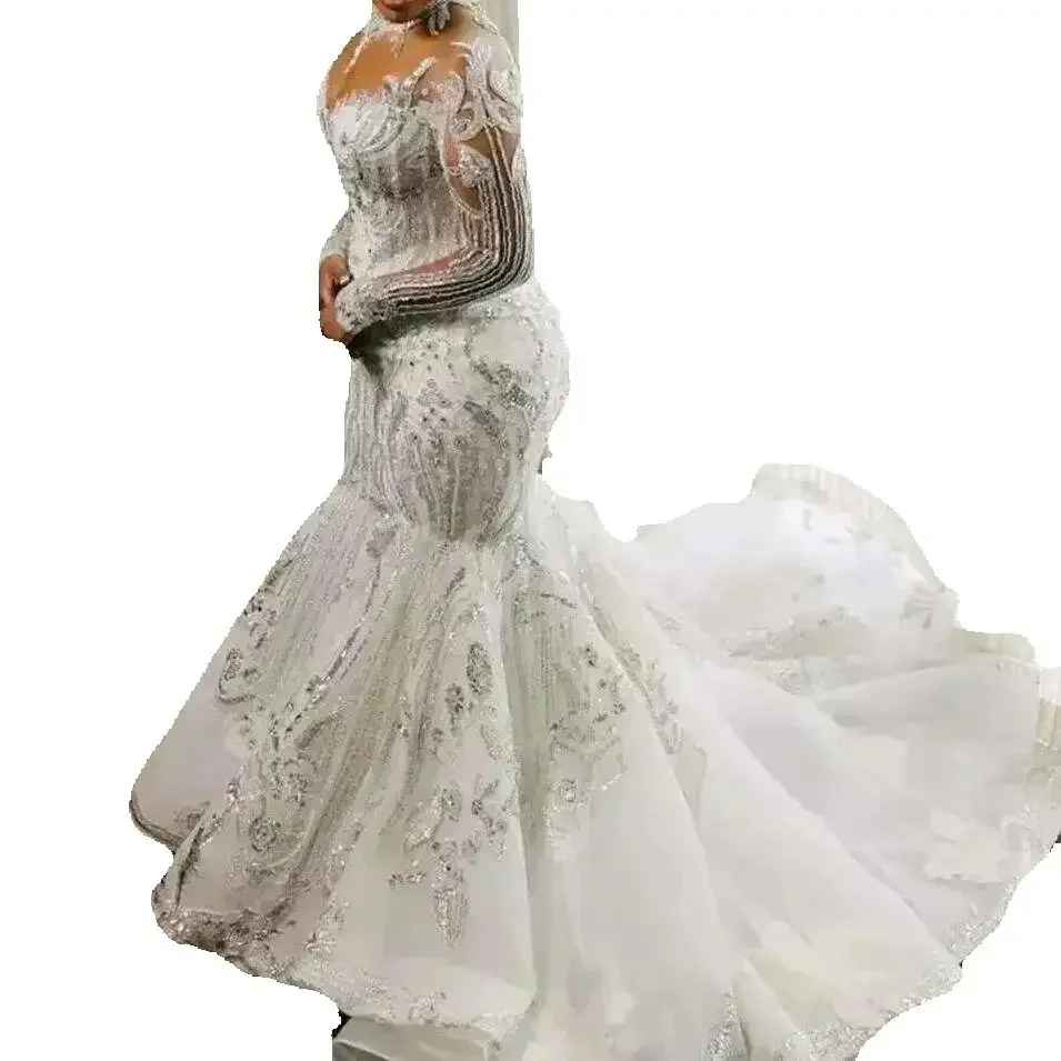 Suknia ślubna na zamówienie, nowy styl, wysoki dekolt, błyszczące koraliki, cekiny, długie rękawy, Vestidos De Novia, rozmiar plus size, gorset z tyłu, krój syreny.