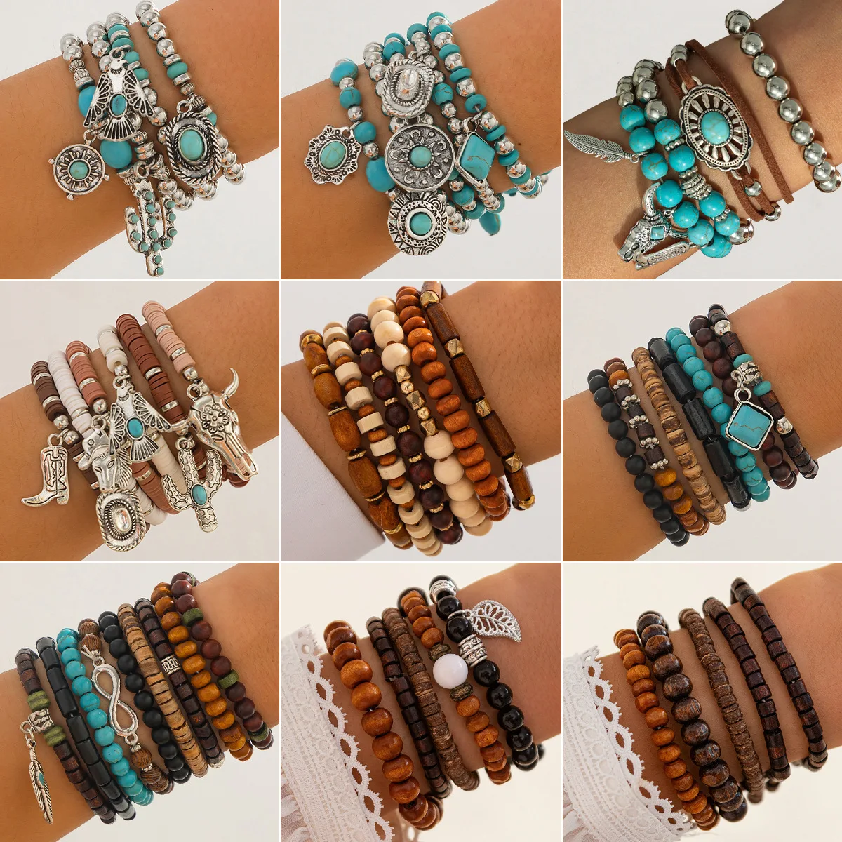 Retro Turquoise Round Bead Stackable Bracelets Ethnic Bull Head Design Elastic Stretch for Women High Quality Daily