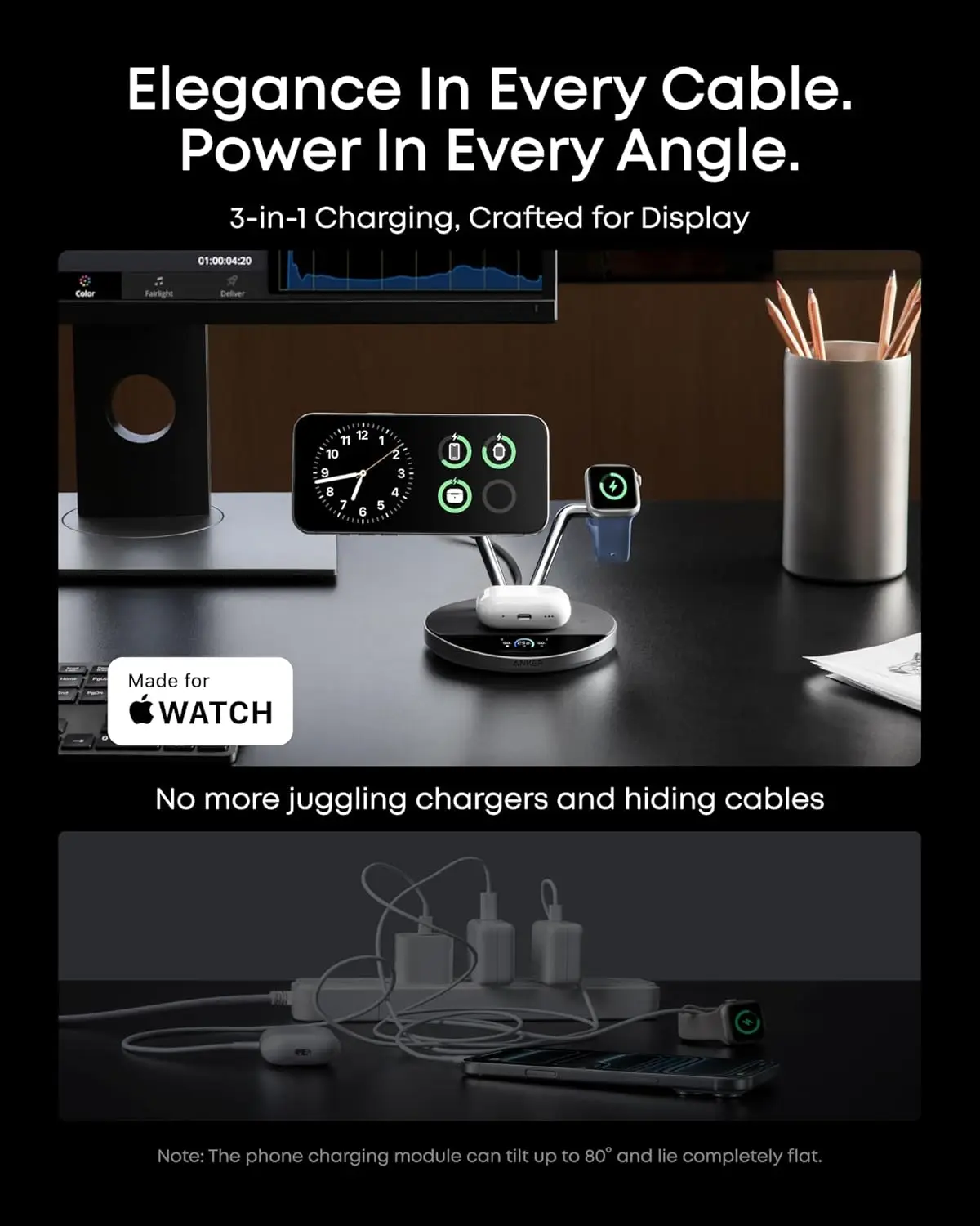 Anker Prime B25X7 3‑in‑1 Wireless Charging Station 25W Qi‑2 MagGo AirCool Dock Display Stand for iPhone Apple Watch AirPods view 6