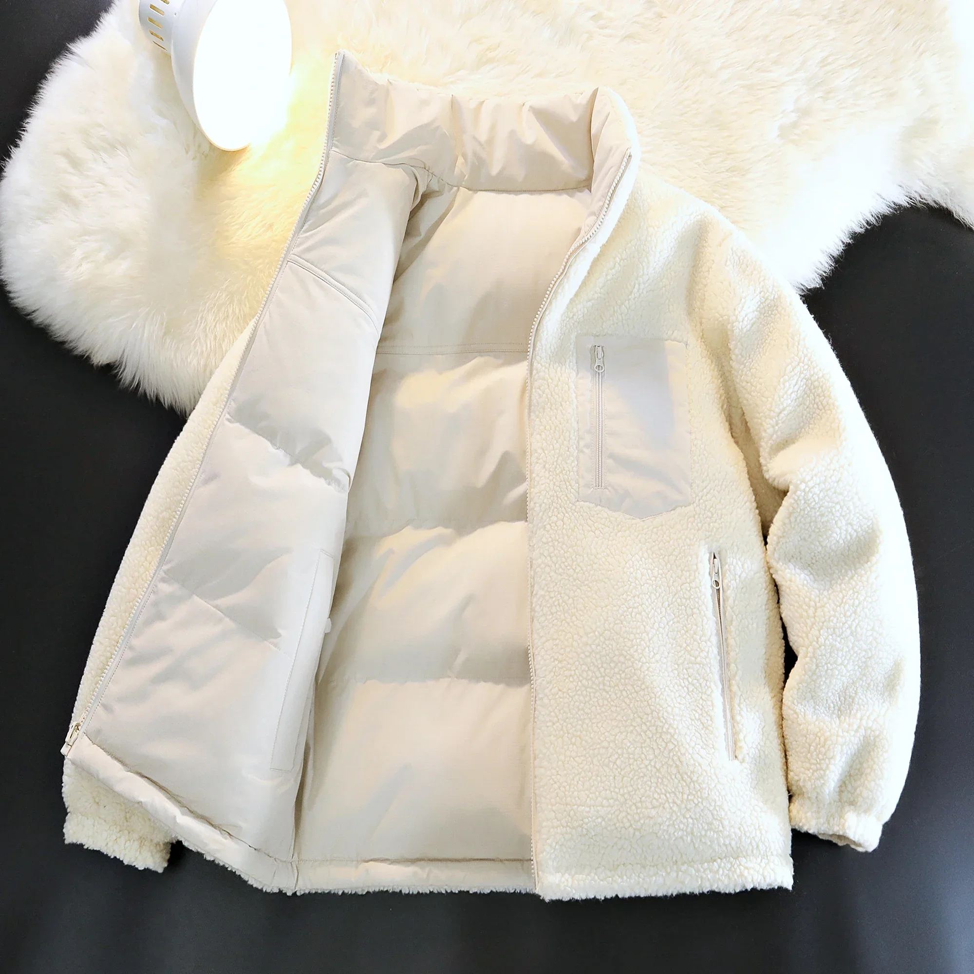 Men Outerwear Stand Collar Premium Winter Parkas Reversible Lamb Wool Padded Coat Men Warm Couple Style Unisex Cotton Men Parkas