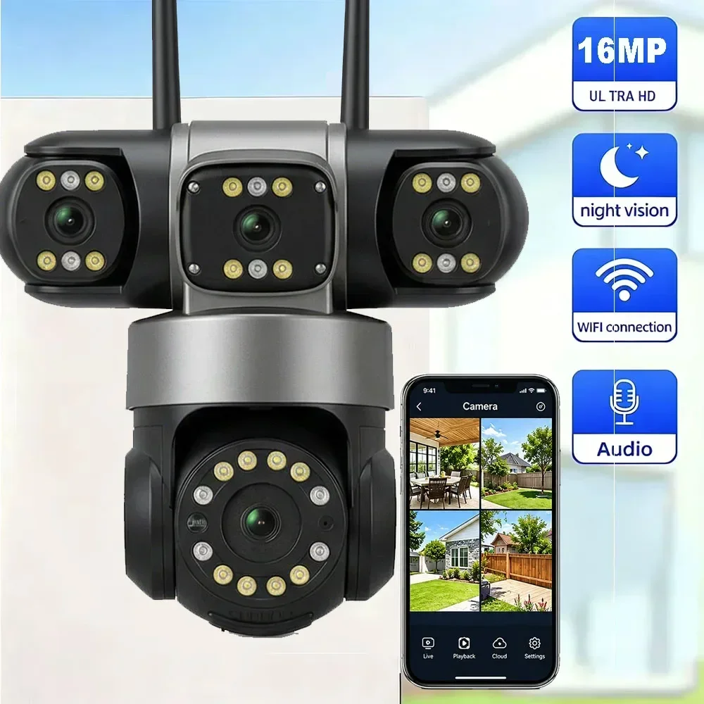 16MP WiFi IP Camera Outdoor 4-Lens 4-Screen 16X Zoom Color Night Vision Wireless Home Security Video Surveillance Cam