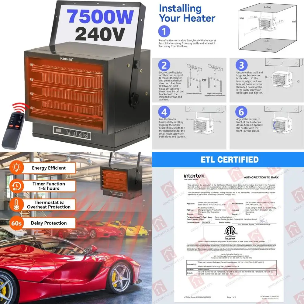 

Efficient 7500W Electric Shop Heater with Thermostat, 240V Fan-Forced Garage Heater for Safety Overheat Protection