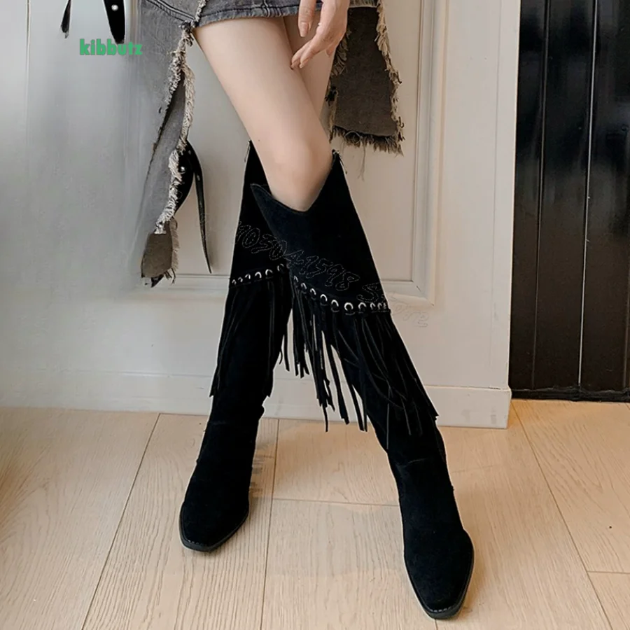 

Vintage Suede Tassel Knee High Boots,Flat Toe Zipper Straight Boots Camping Low Heel Women Boots 2024 New Zapatos Para Mujere