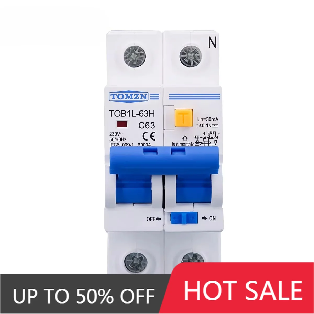 TOMZN TOB1L-63H 2P 63A 230V RCBO Overload Short Leakage Protection Din Rail Breaker