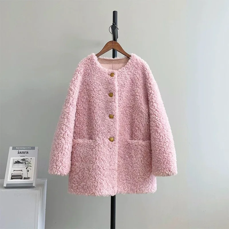 

Women's Autumn Winter Elegant O Neck Thick Warm Wool Coat Lady Streetwear Single Breasted Long Sleeve Loose Wool Outwear