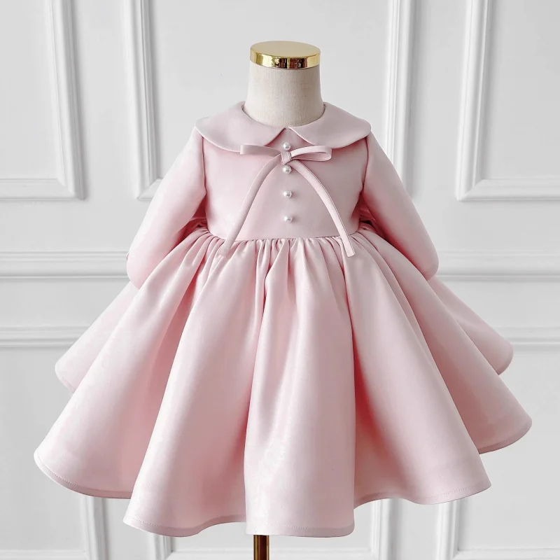 Korean Style Simple Baby Girl First Birthday Dress New Satin Princess Dress Pink Birthday Hundred Days Photo Shoot Toddler Dress