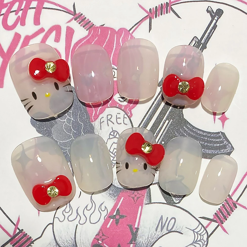 Y2K Daily Simple Hand-Painted Kitty Press On Nails Hand-Customized Nail Art Tools Press On Nails