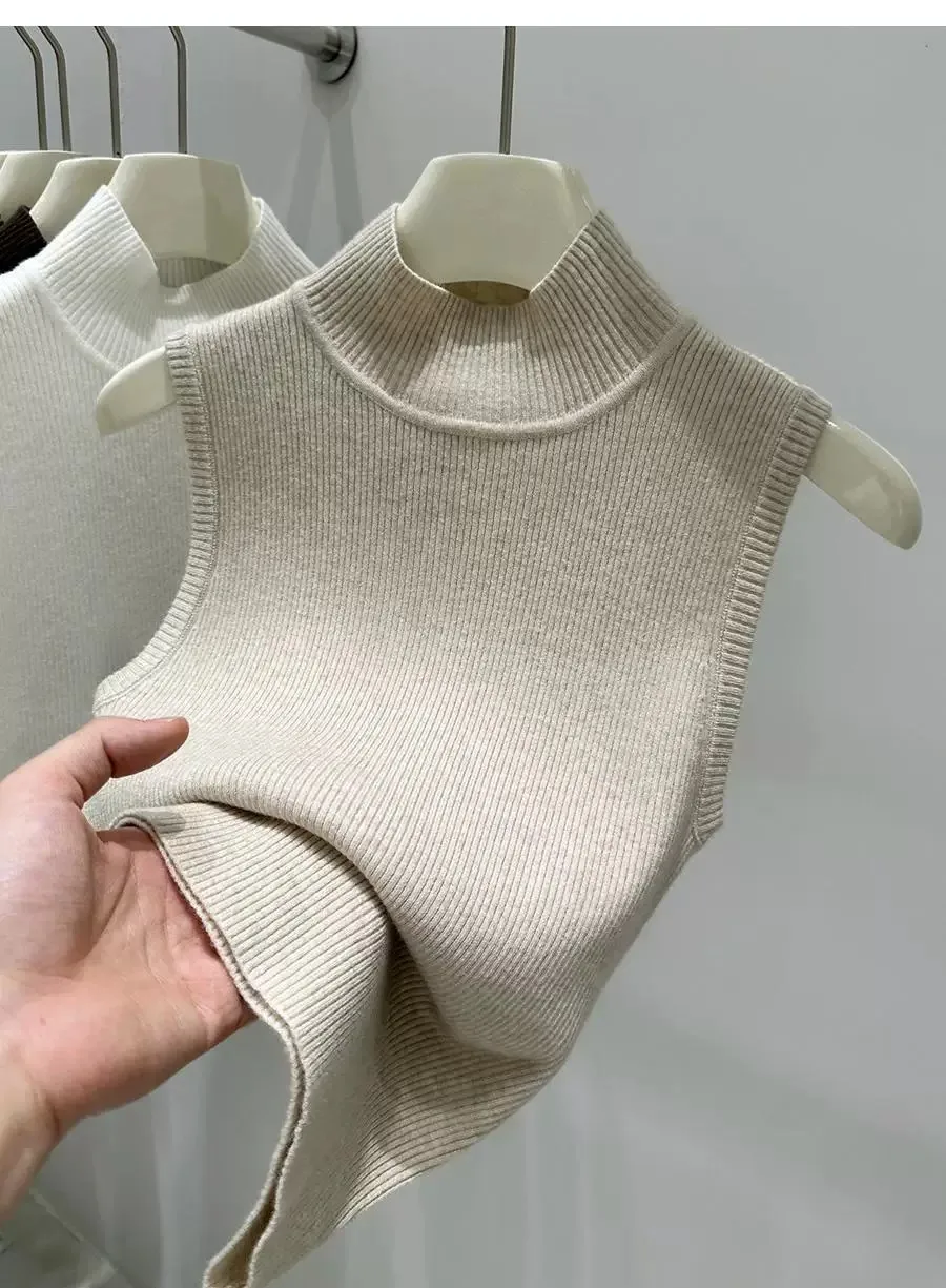 AOSSVIAO 2026 Sommer Neu Mock Neck Ärmellos Damen Strickpullover Slim Fit Basic Sweater Tank Top Vielseitige Innenbekleidung – Detail 2