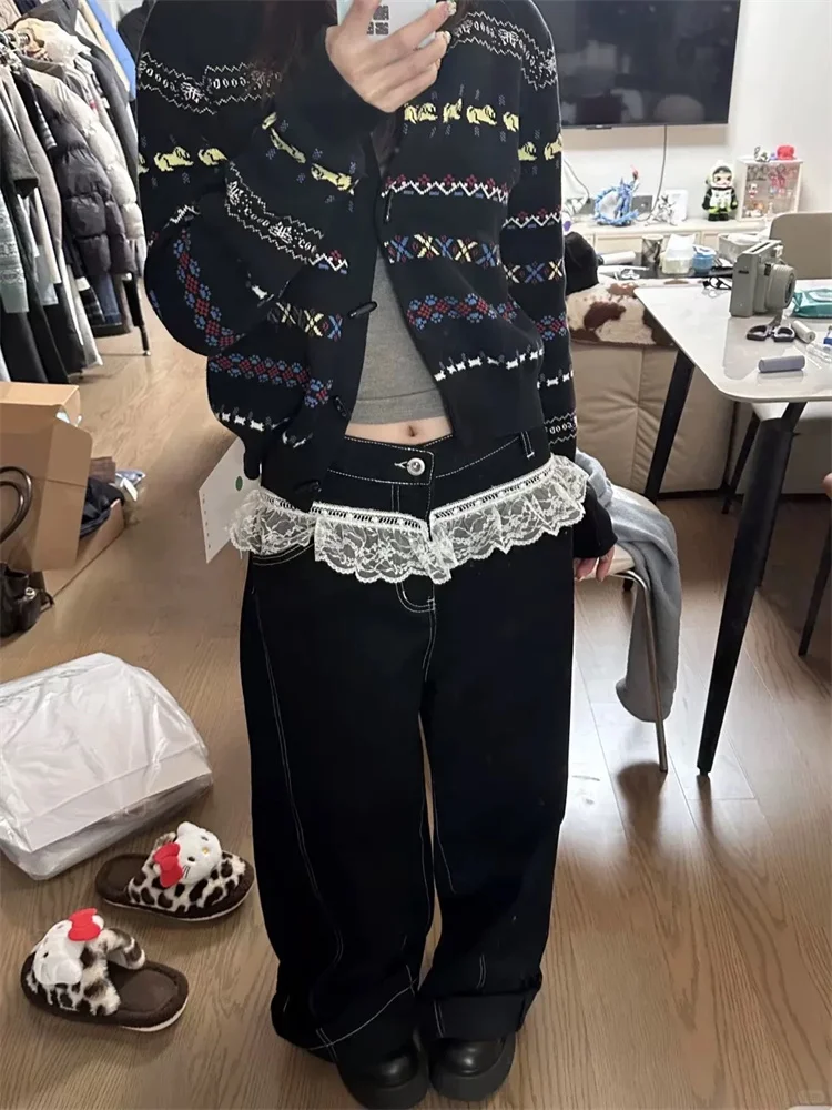 Designed Lace Trim Patchwork Black Jeans for Women New Autumn High End Vintage Loose Straight Leg Trousers