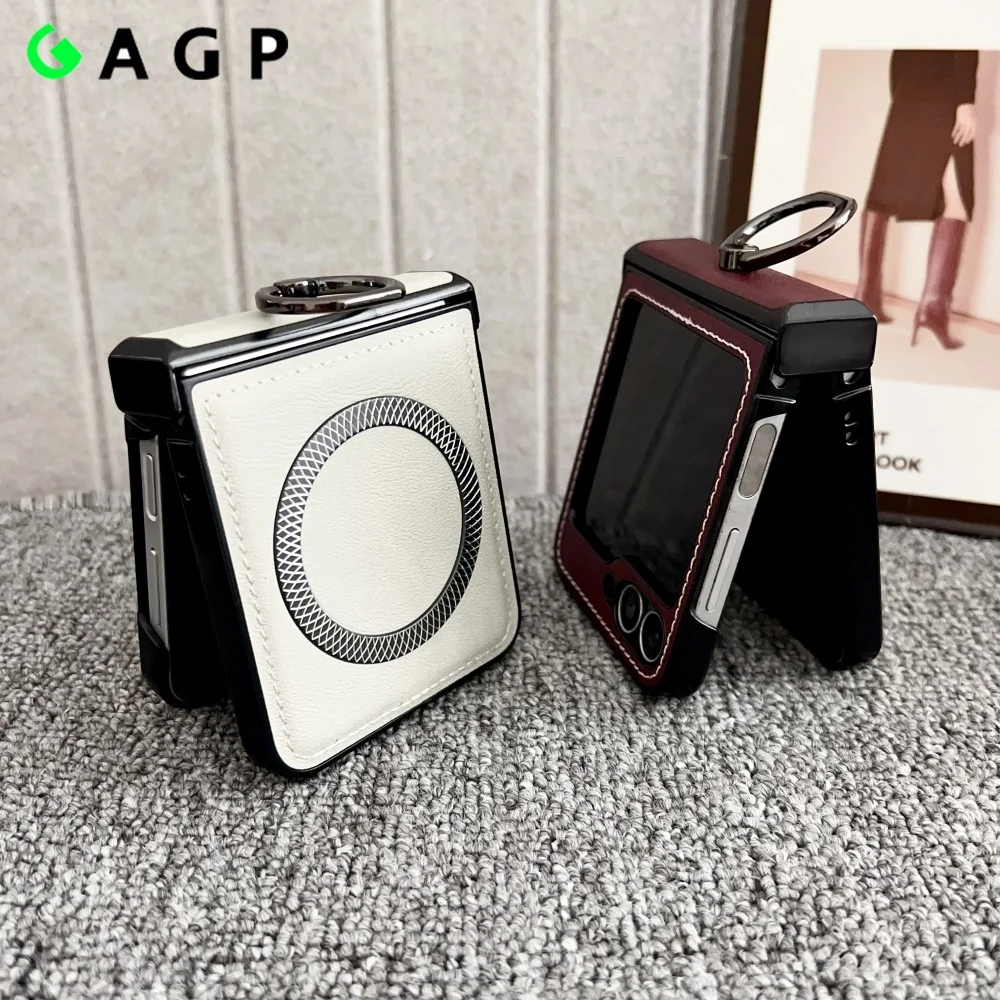 

Z Flip 7-кольцевой держатель для Magsafe Bracket Case для Samsung Galaxy Z Flip 6 5 4 3 7 flip7 Кожаный чехол с магнитной беспроводной зарядкой