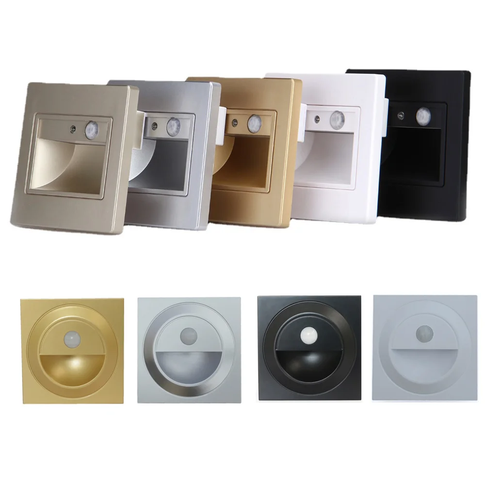 Square Wall Light PIR Motion Sensor LED Stair Lamp Round 1.5W Indoor Steps Ladder Stairway Corridor Hallway Home Sconce Lighting