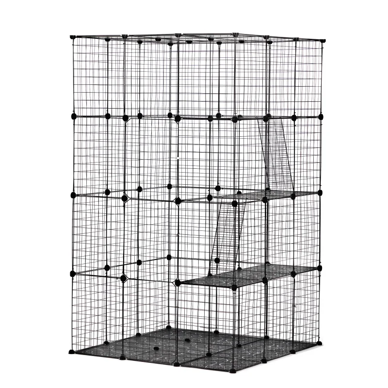 

3-Tier Wire Cat Cage, Large Kennels Playpen with 3 Platforms, 3 Ramp Ladders and 4 Doors, Black