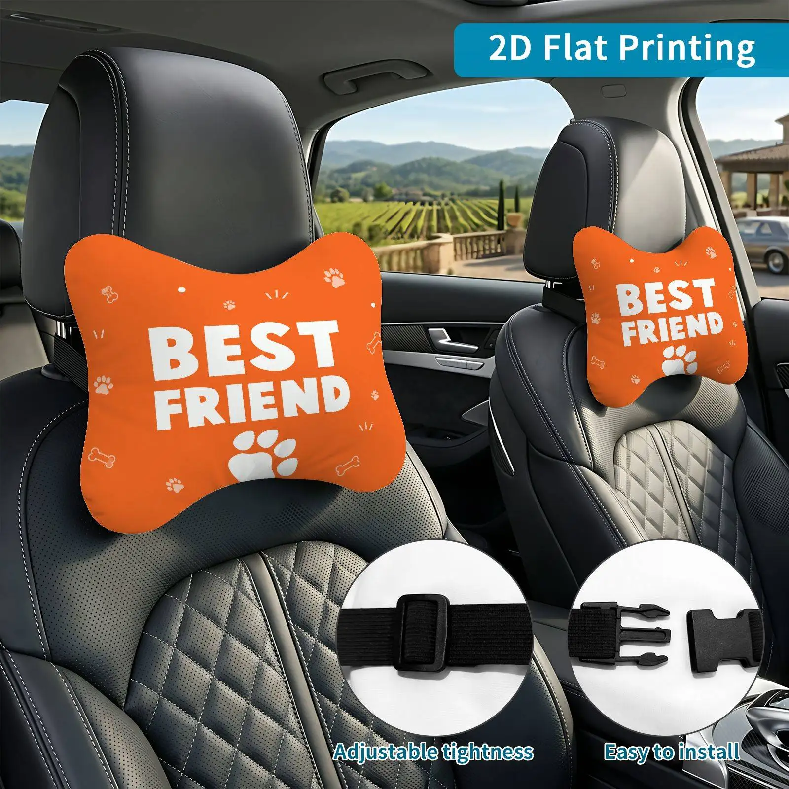 2pcs Best Friend Paw Prints Dog Bones Car Seat Headrest, Neck Support Cushion, Suitable For All Seasons Of Car Accessories, Dog