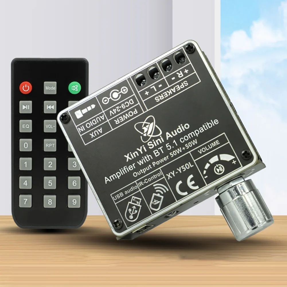 

Модуль стереоусилителя XY-Y50L, совместимый с Bluetooth 5.1, AUX, USB, двухканальный, 50 Вт, с инфракрасным пультом дистанционного управления