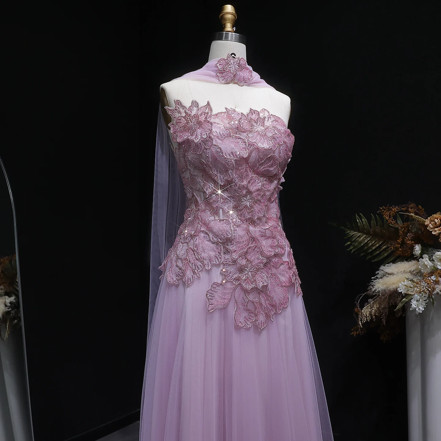Sharon Said Atemberaubendes Abendkleid mit rosa Tüllblumen-Applikationen 2026 Luxuriöses Damen-Abendkleid für formelle Anlässe SS239 Maßanfertigung – Detail 8