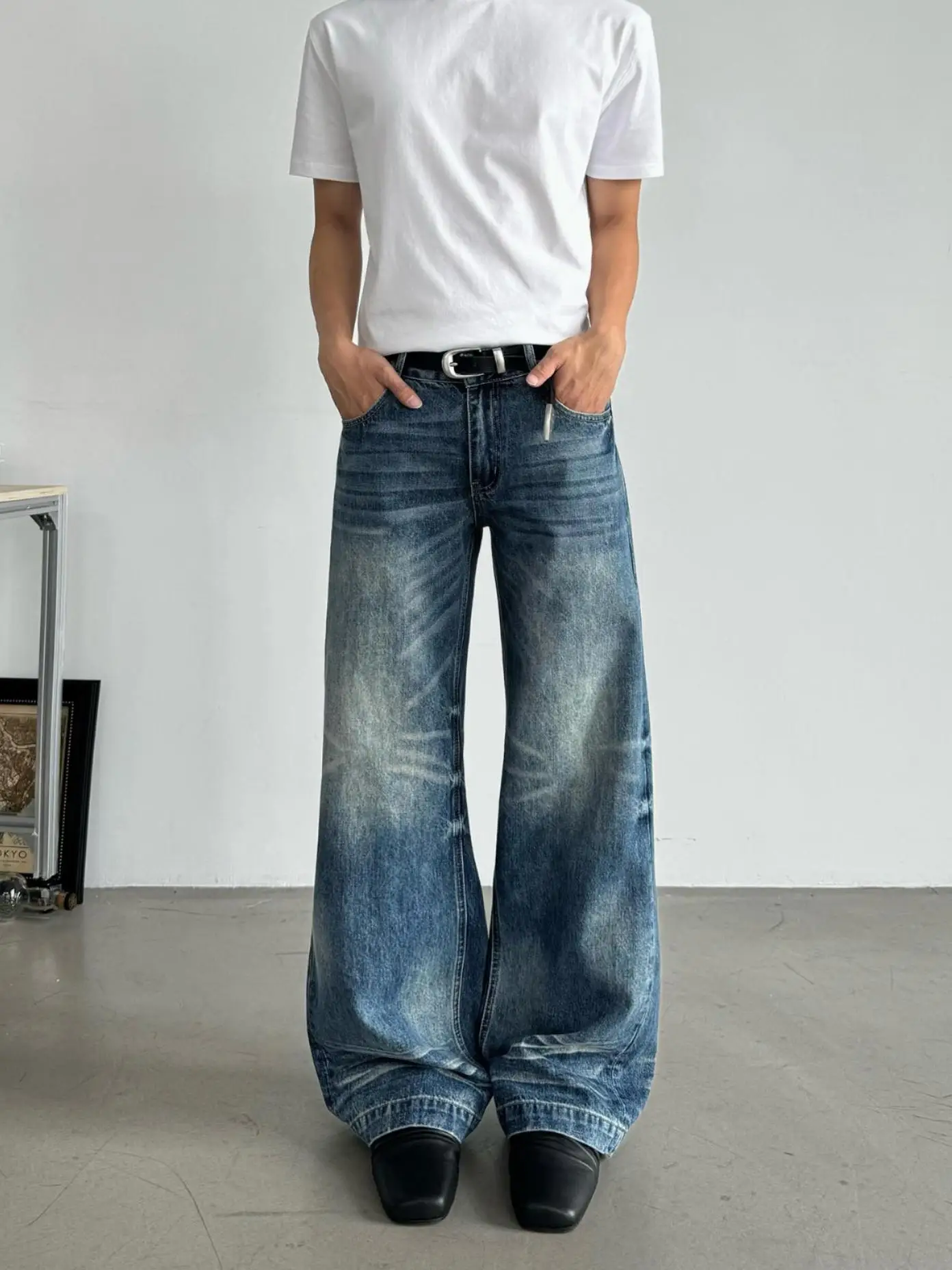 

Cleanfit American High Street Vintage Crack Design Men's Loose Straight Leg Casual Jeans mid Waist Zipper Fly Denim Pants