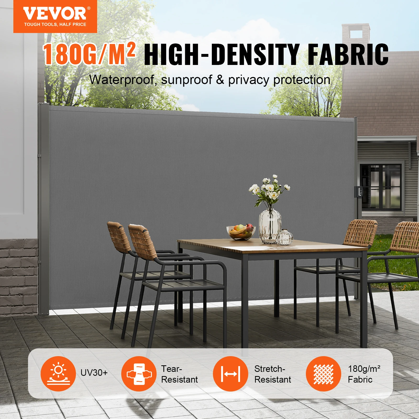 VEVOR Retractable Side Awning Outdoor Privacy Sun Shade UV 30+ Room Divider Wind Screen Water-proof Patio Screen for Backyard