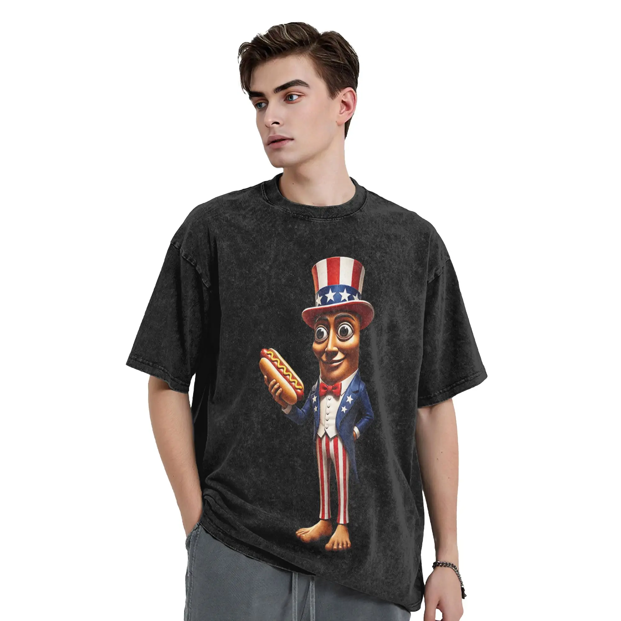 Independence Day Tung Tung Tung Sahur Hot Dog Washed T Shirt Streetwear T-Shirts Tee Shirt for Men Women Short Sleeve Street